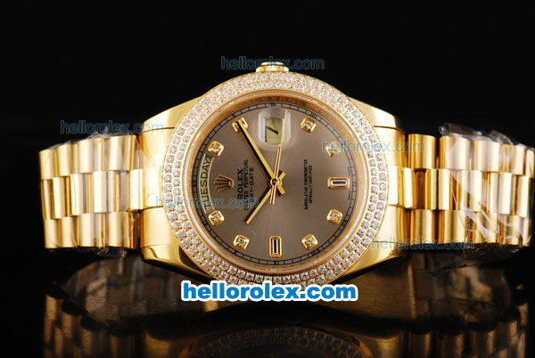 Rolex Day-Date II Automatic Movement Full Gold with Double Row Diamond Bezel-Grey Dial and Diamond Markers - Click Image to Close